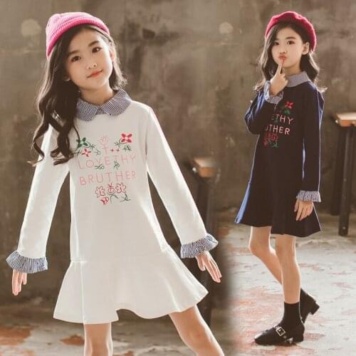 Cute Flower Dress for Kids Girls Cotton Spring Peter Pan Collar Princess Dresses 10 to 12 Years White and Navy Blue Clothes