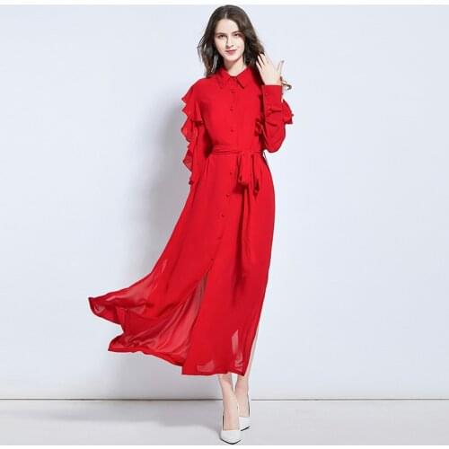 2020 Fashion Office Lady Long Dress Young Girls Red Ruffles Petal Sleeve Mid-Calf Gorgeous Dress FL1059