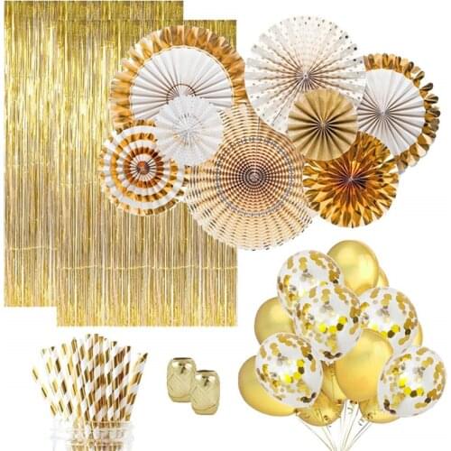 55 Pieces Gold Party Decorations Set Paper Fans Confetti Latex Balloon Foil Fringe Rain Curtain for Wedding Birthday Party Decor