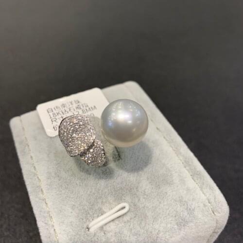 Genuine jewelry natural southsea pearl ring 18K white gold with real diamond leaf adjustable size luxury top quality fine women