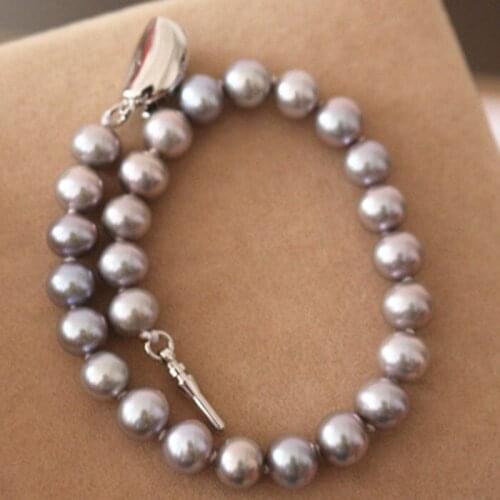 Charming round south sea 9-10mm silver grey pearlbracelet 7.5-8