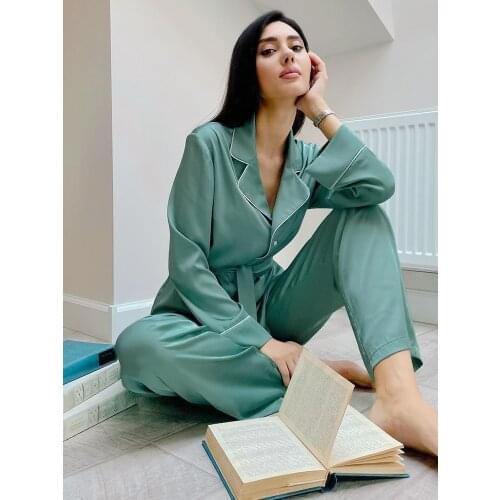 Solid Color Silk Pajamas For Women Pijama Trouser Suits Womens Turn Down Collar Pajama Set Woman 2 Pieces Lace Up Autumn Nightie