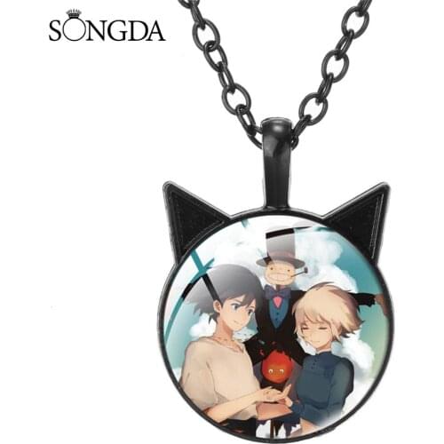 Japan Anime Howls Moving Castle Necklace Cat Ear Art Photo Glass Black Cabochon Long Chain Pendant Choker For Fans Jewelry Gift