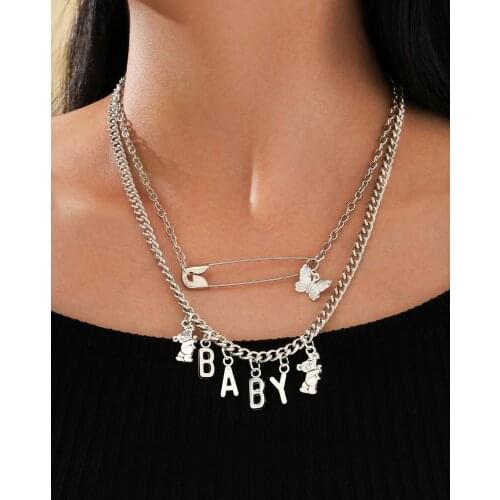 Stillgirl 2Pcs Butterfly Pendant Necklace for Women Punk Kpop Cute Bear Letter Pin Double Chains Y2k Female Gift Fashion Jewelry