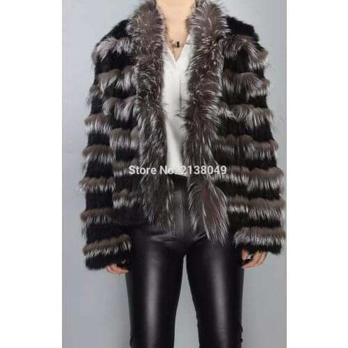 SF0071 Long-sleeve fox and rabbit fur coat medium-long slim size with silver fox fur collar/ fox fur coat/ abrigo de piel