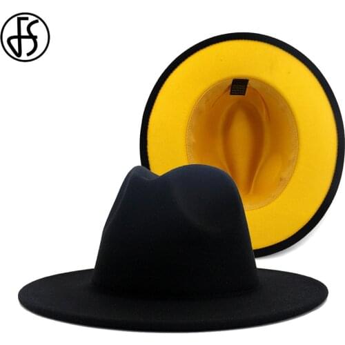FS 60CM Hat Black Yellow Patchwork Fedora Hats For Women Wide Brim Jazz Wool Felt Panama Trilby Caps Men Vintage Gambler Cap