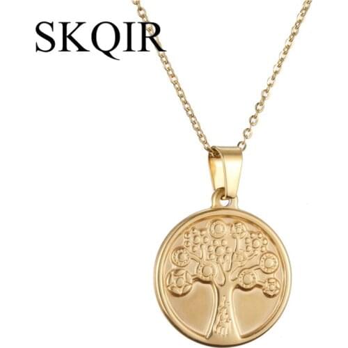 SKQIR Vintage Tree Of Life Pendant Necklace Gold Plant Stainless Steel Chain Choker for Male Women Boy Jewelry Accessories Gift