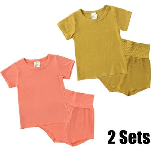 Lots Fashion Toddler Pajamas Sets Kids Clothes set Baby Girls Homewear Short Sleeve Top+Shorts Sleep Solid color Sleepwear 2pcs