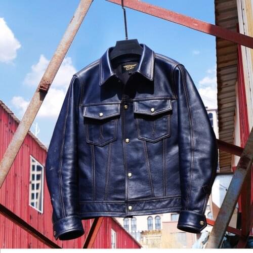 YR!Free shipping.Brand new.Popular men Classic casual Denim 507 style leather coat.Vintage Indigo slim cowhide jacket.fashion