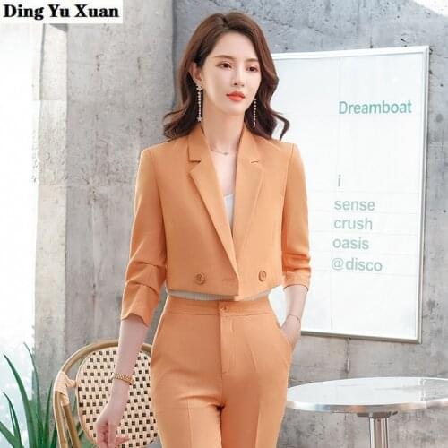 Womens Orange White Blue Black Pants Suit Women Korean Office Suits Short Blazer with Pants 2 Piece Sets Jacket and Trousers