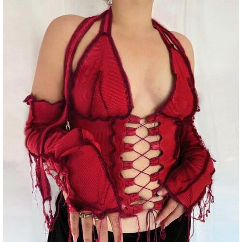 Womens Cropped Shirt Hollow Top Off Shoulder Sexy Tops Lace-up Patchwork Party Summer Neck-Hanging Clothes Ruffle Mittens femme