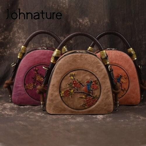 Johnature Vintage Handmade Handbag 2020 New Cow Leather Women Bag Leisure Hand Painted Floral Shoulder Bags Lady Casual Tote