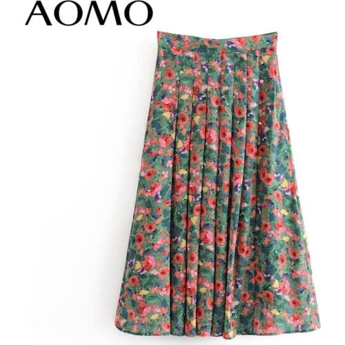 AOMO fashion women French style floral midi skirt faldas mujer vintage zipper office ladies elegant chic mid calf skirts 1T10A
