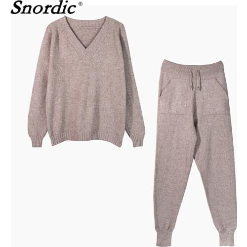 Women Autumn Winter Casual Warm Tracksuits Knitted Sweater 2 Two Piece Set V Neck Jumpers+ High Elastic Waist Long Pants