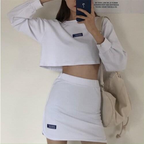 BM Fashion 2pc Black White Suit Women Female 2 Piece Skirt Sets Casual Long Sleeve Short Crop Top Sweatshirt&mini Skirt Sets