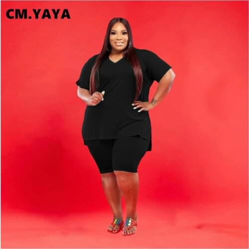 CM.YAYA Plus Size XL-5XL Two 2 Piece Set Women Active Tracksuit Outfits V-neck T-shirt + Knee Length Pants Fashion Matching Set