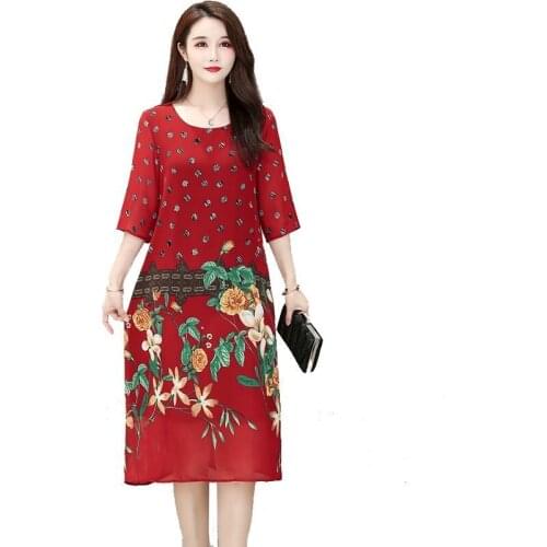 Women Summer Dress Floral Print Chiffon Dress Casual O-neck Short Sleeve Loose Dresses Long plus size Vestidos