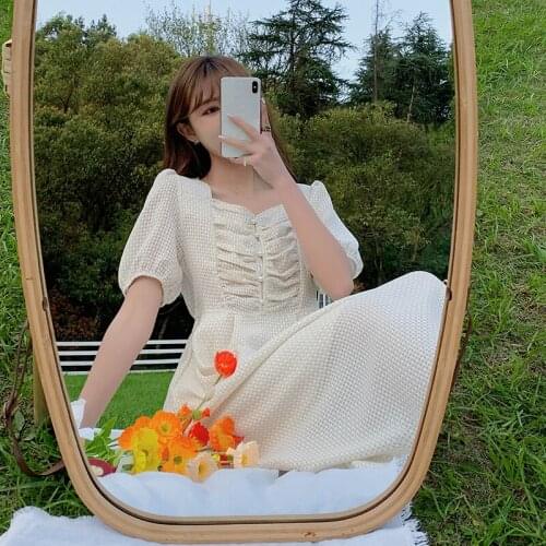 French Elegant Vintage Dot Dress Female 2021 Summer Party Midi Dress Women Short Sleeve Design One Piece Dress Korean Fashion