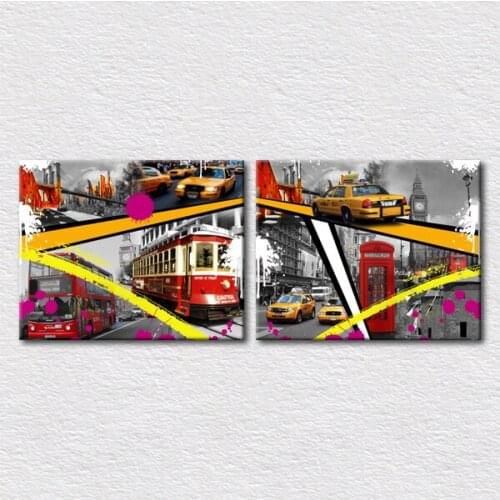 Canvas Print Designs art travel place Mosaic pictures of London with city view Double-decker bus and a bridge 2pcs set