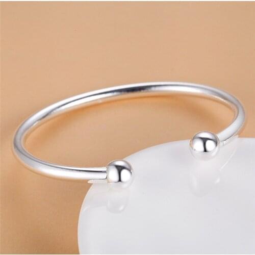 Pure Silver 925 Bangle Bracelets for Women Double Beads Wrist Cuff Bangles Wristband Pulseira Femme Wedding Bridal Jewelry Gifts