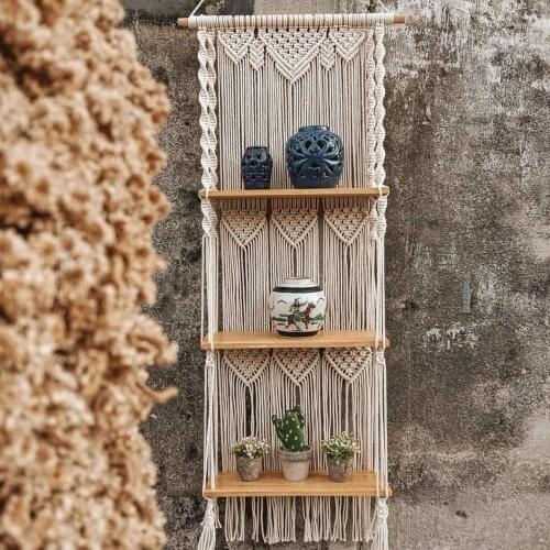 Wooden Three layers Macrame Wall Hanging Shelf Partition Frame Decoracion Hogar Basket Plant Holder Flower Basket Boho Decor