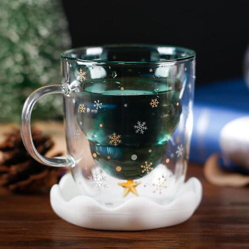 300ML Mugs Double-layer Glass Mugs Coffee Cups Christmas Tree Starry Sky Mouth Prevent Scald Milk Cup Cartoon Christmas Gift