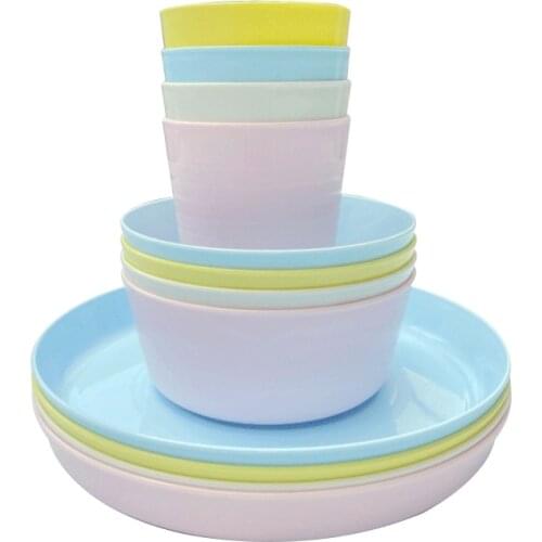12 Piece Plastic Dinnerware Set, Reusable BPA Free 4 Cups, 4 Bowls and 4 Plates Suitable for Toddlers, Kids, Children, P