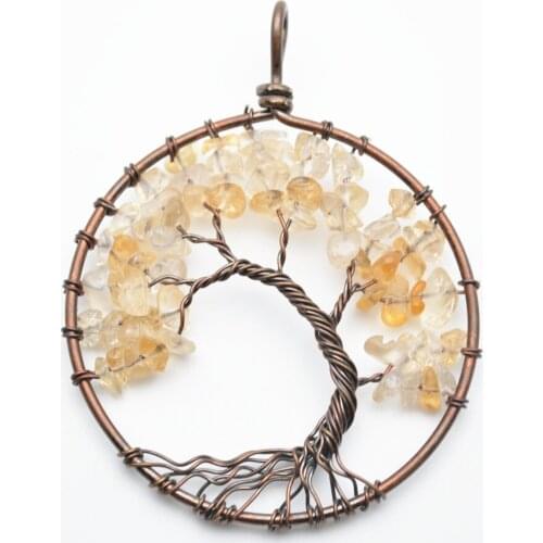 Natural Citrine Yellow Crystal Quartz Stone Chips Life Tree Antique Copper Wire Wrapped Round Metal Pendant