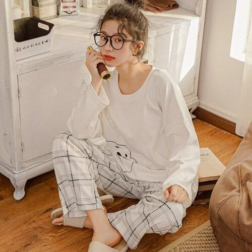 Cotton Pajamas Set Autumn Winter Women Nightwear Cute Banana Print Long Sleeve Sleepwear Simple Female Home Clothes