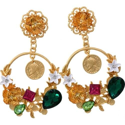 Colorful Rhinestones Wreath Drop Earrings For Women Sweet Flowers Big Circle Brincos Gift Party Wedding Brinco