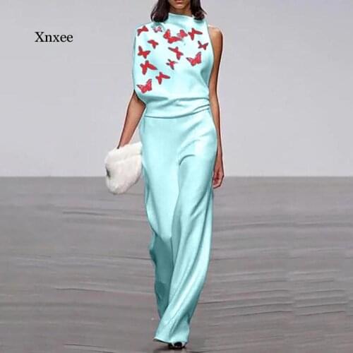 Blue jumpsuit women Elegant Print One Shoulder long Playsuit Ladies Romper Loose Overalls Fashion Wide Leg Playsuit Workwear