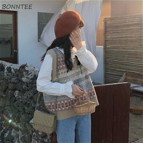 Sweater Vest Women Chic Geometric Retro V-neck Preppy Autumn New Teens Sleeveless Knitwear Soft Stylish Harajuku Womens Trendy