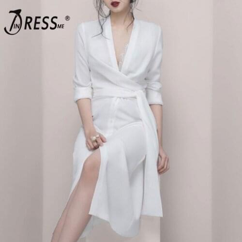 INDRESSME 2019 New Plunge V Neck Long Sleeves Sashes Slit Sexy Party Dress White Button Closure Women Fashion