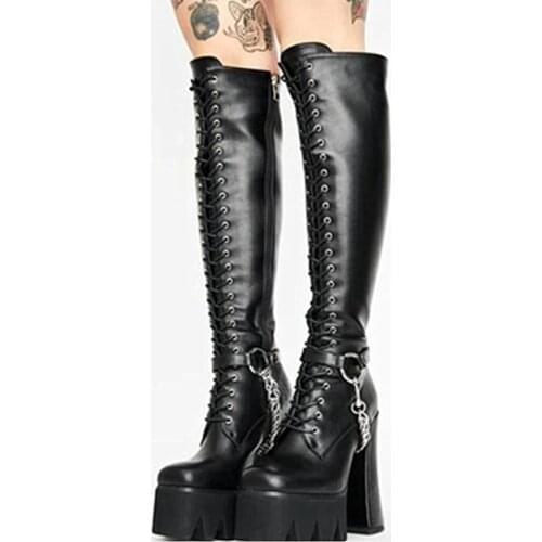 2021 Popular Block Heel Walking Style Fashion Black Boots High Heel Platform Side Zip Women Knee High Boots Chain Fashion
