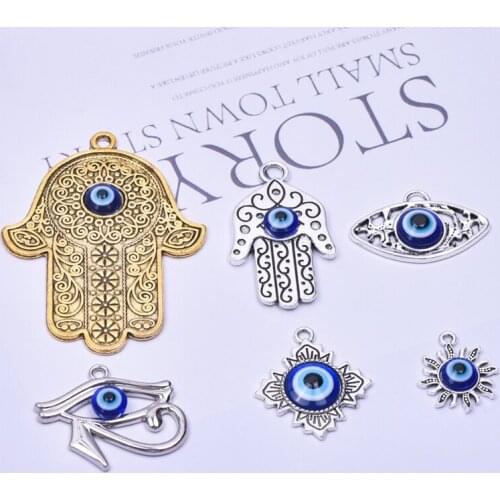 New 2Pcs Hamsa Hand Blue Devil Eye Charms Pendant Fit For Bracelet Necklace DIY Women Earring Jewelry