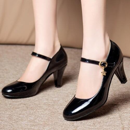 AGODOR Mary Jane Shoes for Women High Heels Patent Leather Pumps with Buckle Strap Office Work Ladies Shoes Black Red Plus Size