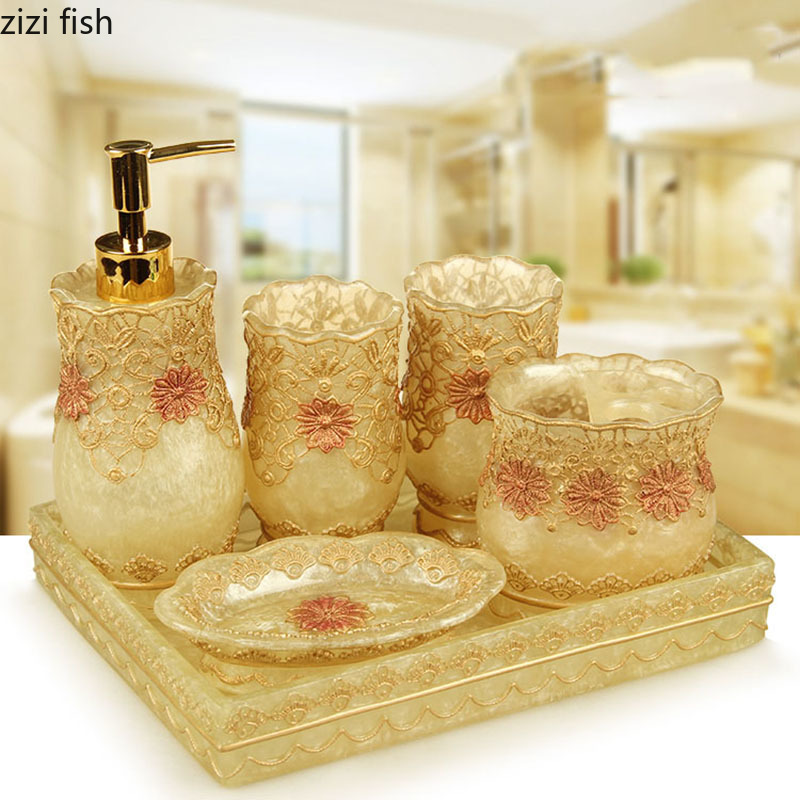 Classical Flower Pattern Resin Bathroom Accessories Toothpaste Holder Bath Lotion Bottle Mouth Cup Toilet Brush Bath Supplies