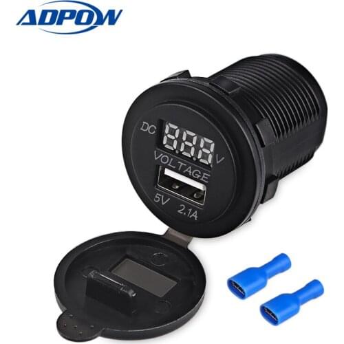 ADPOW 2.1A USB Car Socket Charger Outlet with Voltmeter For Motorcycle Motor Truck Boat 12-24V LED USB Charger