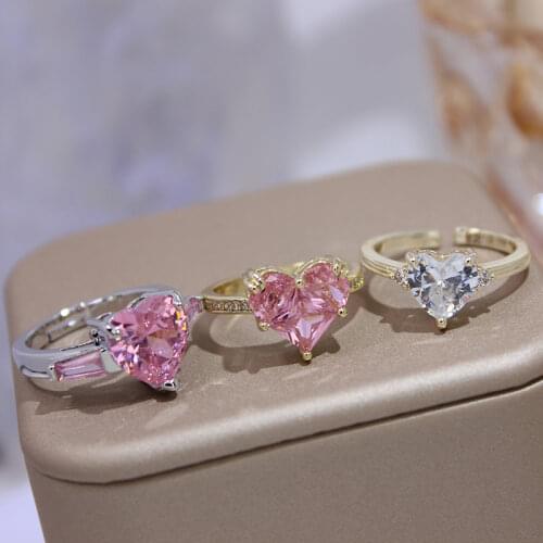 Shiny Side New Fashion Brand Jewelry Delicate Crystal Pink Heart Adjustable Engagement Rings for Women Wedding Rings