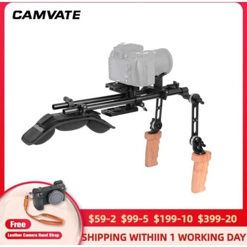 CAMVATE DSLR Camera/DV Camcorder Shoulder Support Rig With Manfrotto Quick Release Plate & Rosette Wood Hand Grip & Lens Support