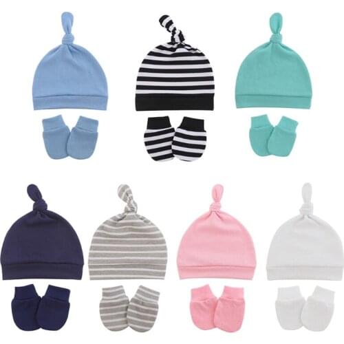 K1KC Baby Anti-scratching Gloves Knotted Hat Set Newborn Mittens Warm Beanie Kit Infants Shower Gifts