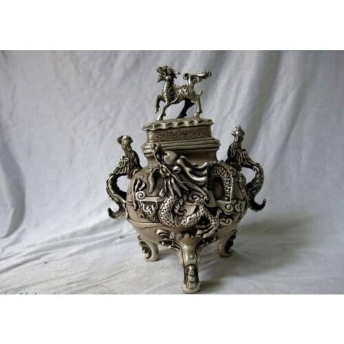 10" China silver censer fine dragon Phoenix Foo Dogs Kirin Incense burner Statue