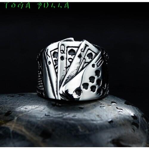 Vintage Hip Hop Straight Flush Poker Ring For Men Stainless Steel Gothic Good Luck Signet Rings Cocktail Party Biker Jewelry