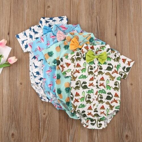 0-18M Newly Summer Gentleman Kids Boys Bodysuits 4 Colors Bow Short Sleeve Print Single Breasted Jumpsuits