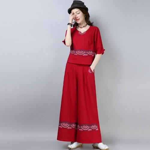 Summer women national style literary embroidery loose two-piece Pants suit Casual Sets cotton and linen tops wide leg pants suit