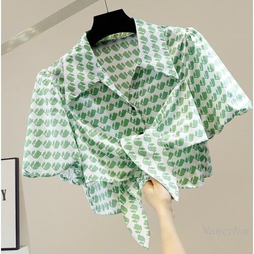 Crop Top Woman Fashion Lantern Sleeve Single Breasted Short Print Shirt Ladies Casual Slim Fit All-Match Top Blusas Femme