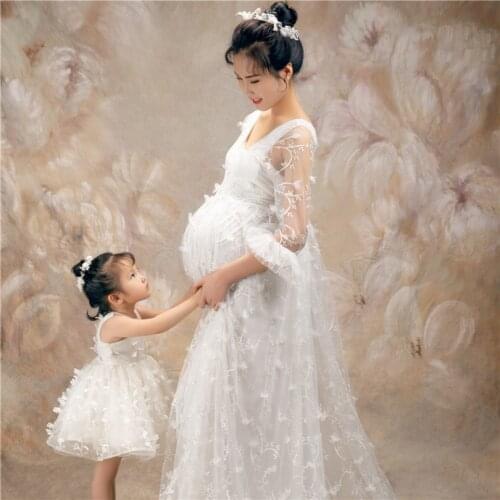 Maxi Lace Mother Daughter matching Dress Mommy and Me Outfits Long Sleeve Maternity Gown for Photo Shoot Baby Shower Dress