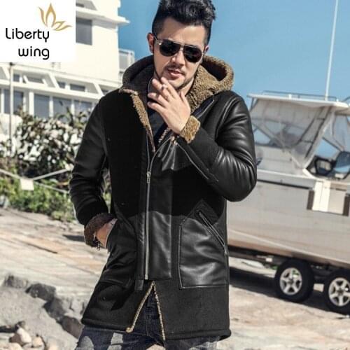 Winter Mens Thick Fur Lining Mid Long Faux Jacket Patchwork Hoody Overcoat Bikers Slim Fit Casual Warm Pu Leather Coat