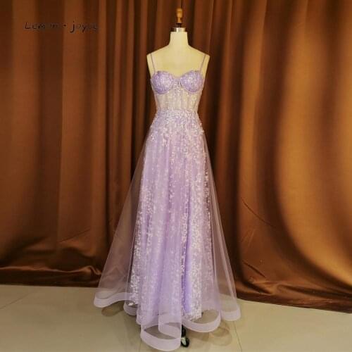 Lemon Joyce Elegant Lilac Purple Prom Dresses 2021 Sexy Sleeveless Spaghetti Strap Sequins A-line Prom Party Gowns