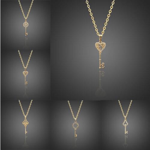 Sweet Micro Pave Crystal Key Pendant Necklace For Women Wedding Jewelry Rose Gold Silver Color Gift Wedding